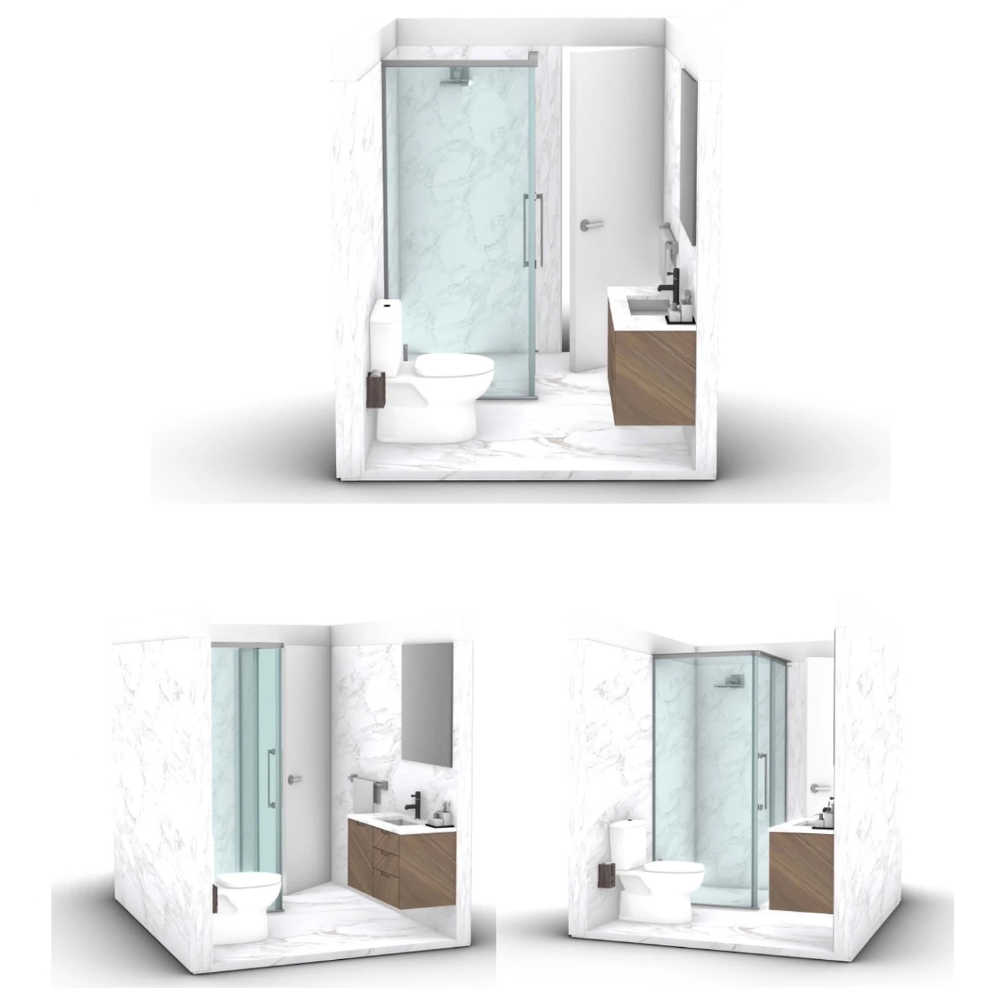 Fine Touch Group 3D model of a small apartment bathroom in three views: glass shower and white door on the back wall, toilet on the left, walnut vanity and mirror on the right, marble-look tiles throughout